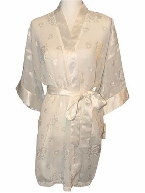 NWT 90s / Y2K Robe Kimono Sheer White Flowers Hearts LA Intimates Deadstock